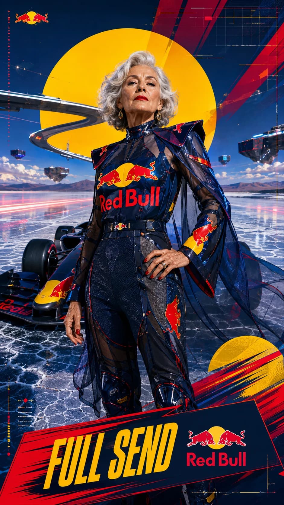 Brand transformation of the same silver-haired woman from a relaxed smiling event snapshot into a powerful Red Bull racing portrait