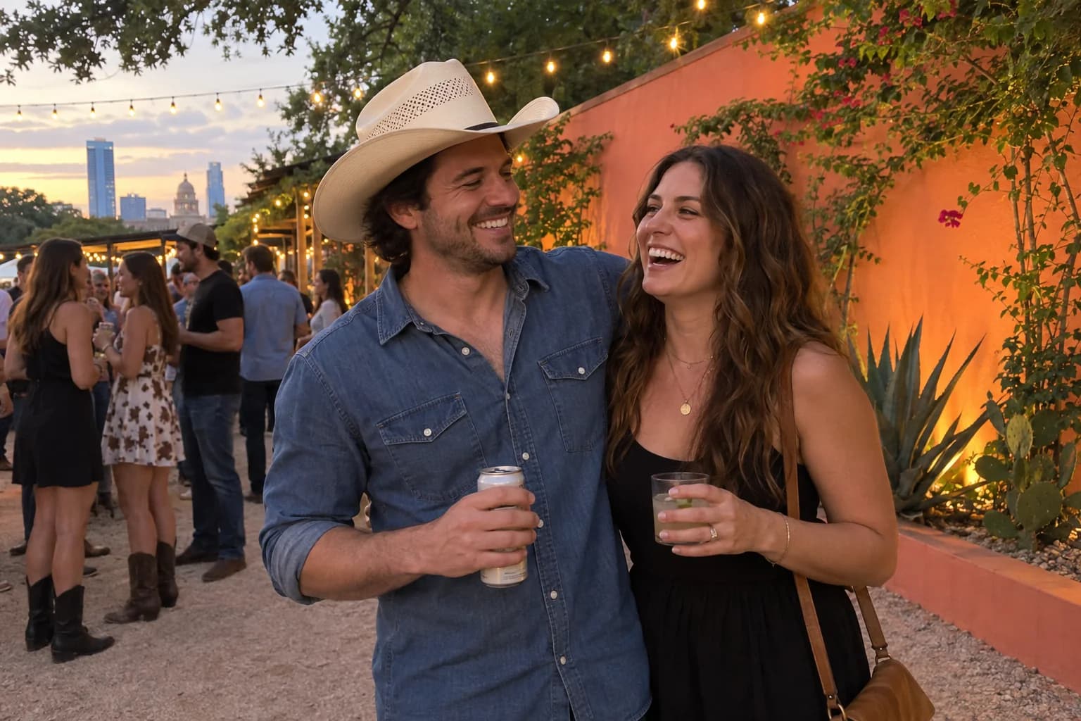 Friends enjoying an Austin outdoor event, one wearing a western hat
