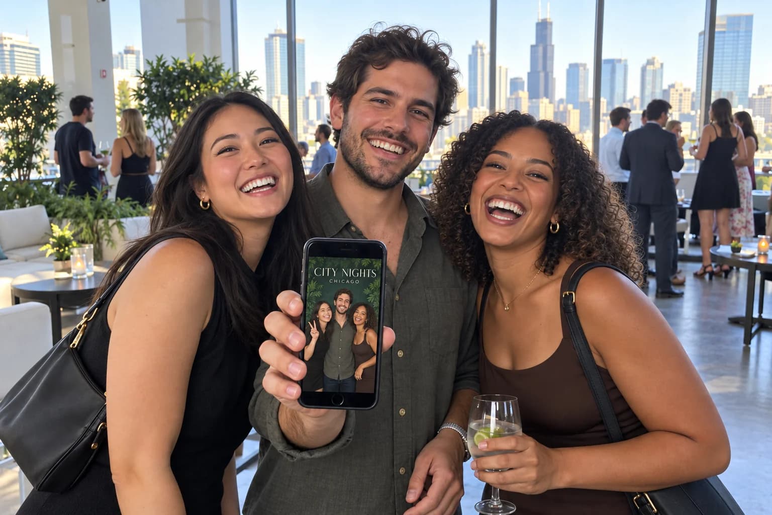 Event guests showing an event-branded digital portrait on a phone