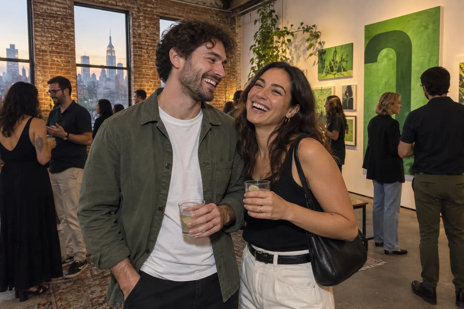 Two friends laughing at a New York gallery event