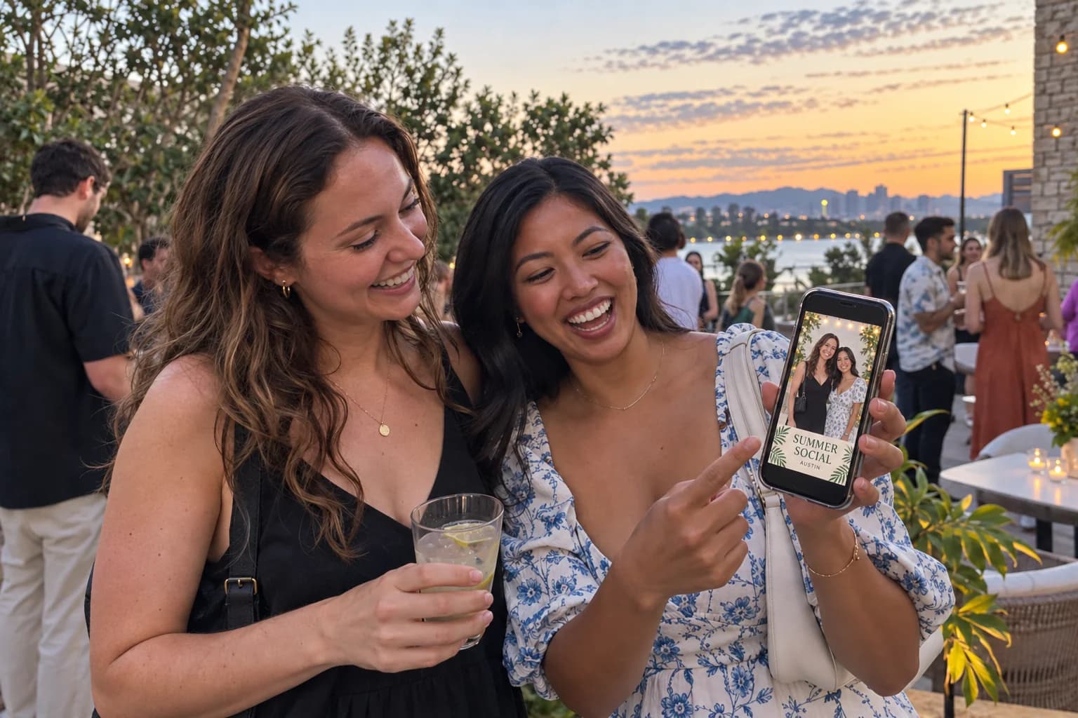 Two guests showing their branded event portrait on a phone