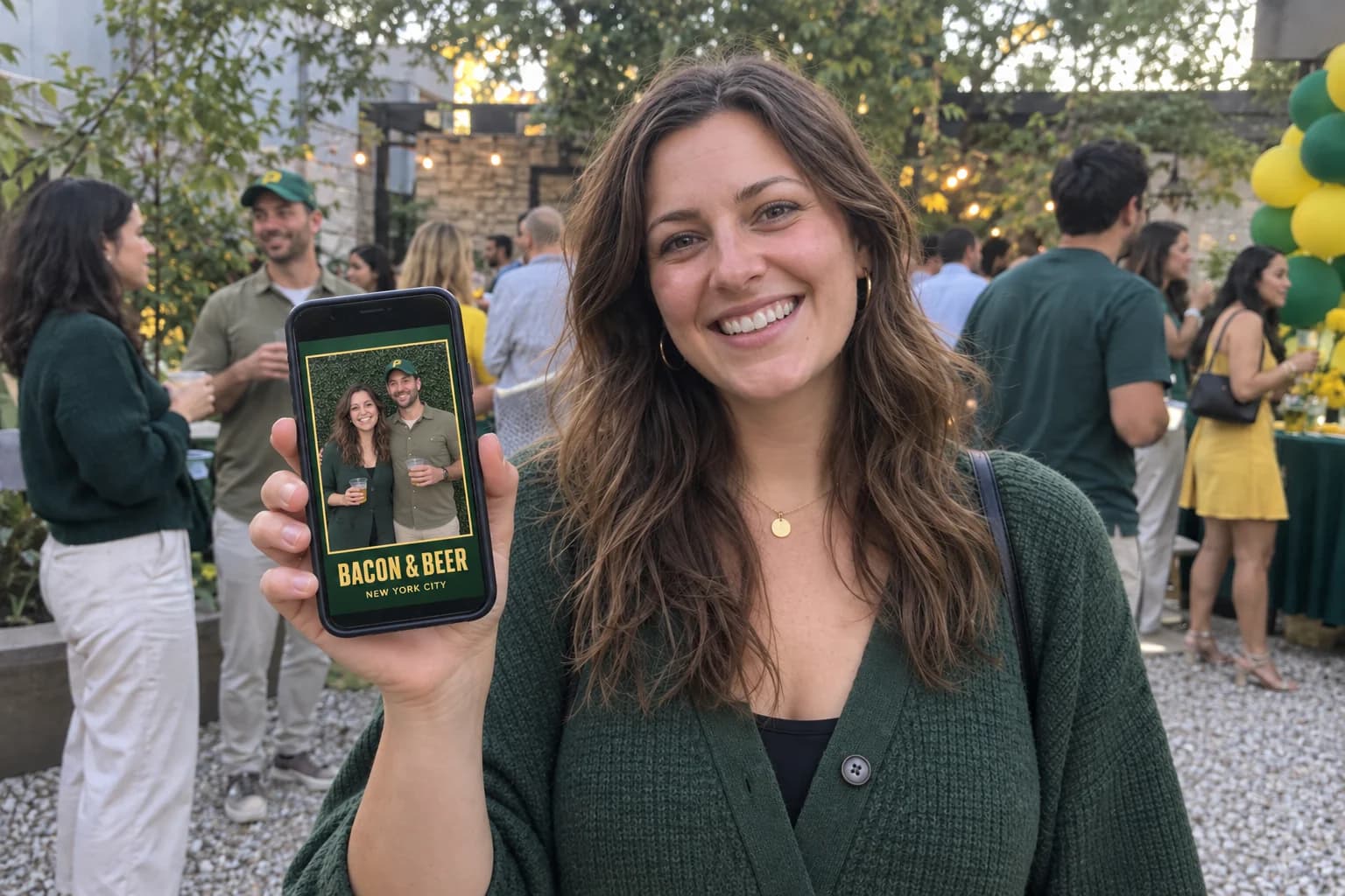 Guest holding up her phone to show a branded portrait from the event
