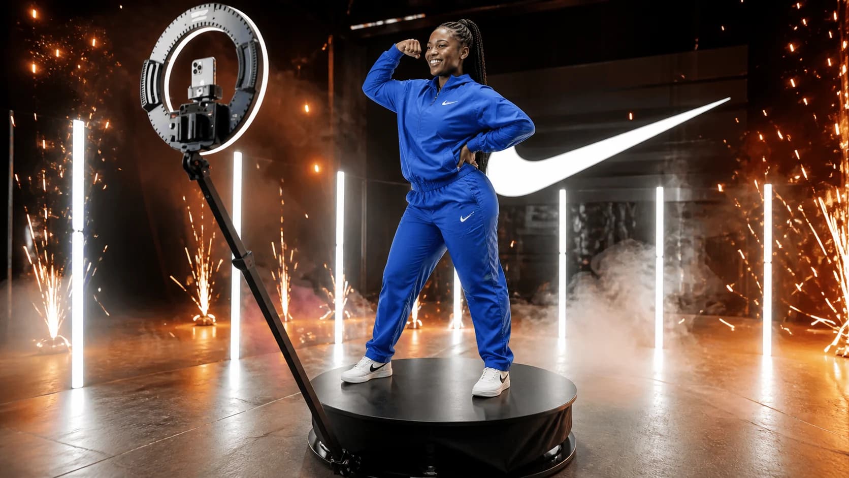 Guests posing on a circular 360 booth platform with the rotating camera arm visible at a Nike activation