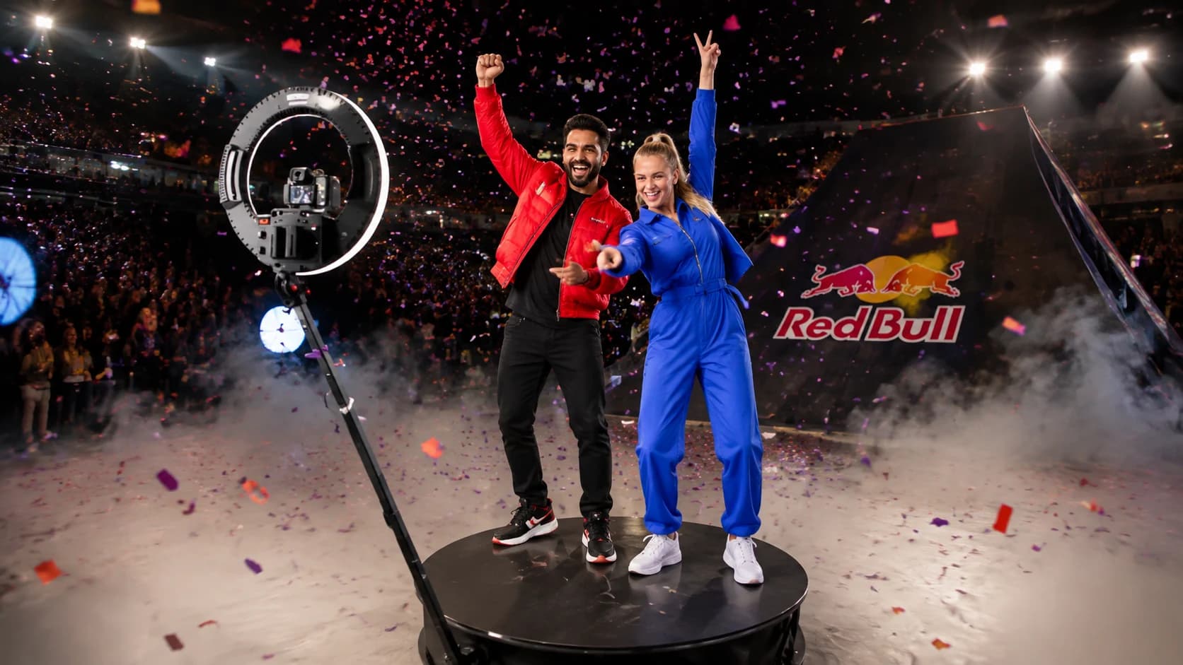 A guest in motion on a circular 360 platform with the camera arm visible in an arena-style activation