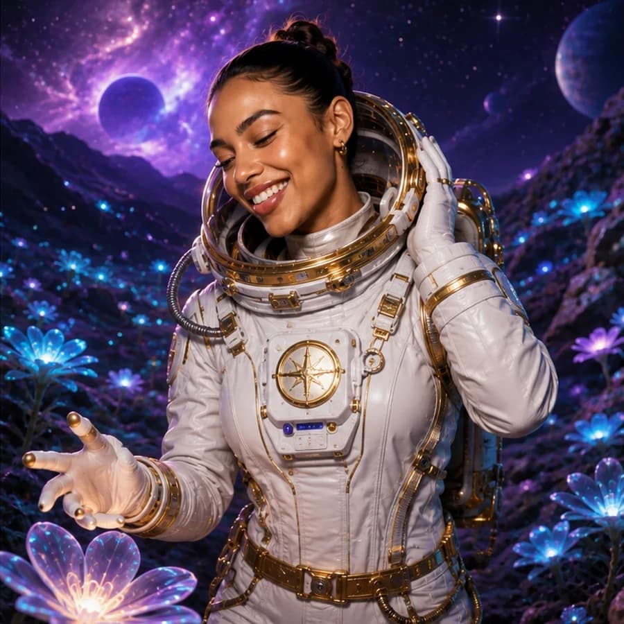 A guest transformed from an event portrait into an astronaut in a luminous moon garden