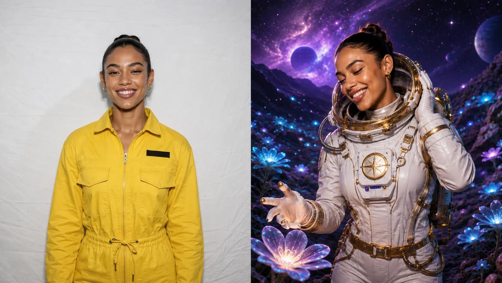 Before and after AI booth example showing the same Black woman transformed from a basic straight-on event kiosk portrait into a polished astronaut in a luminous moon garden