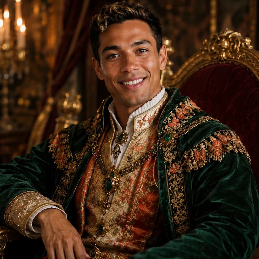 Before and after AI booth example showing the same mixed-race man transformed from a simple event portrait into a richly styled Renaissance royal scene