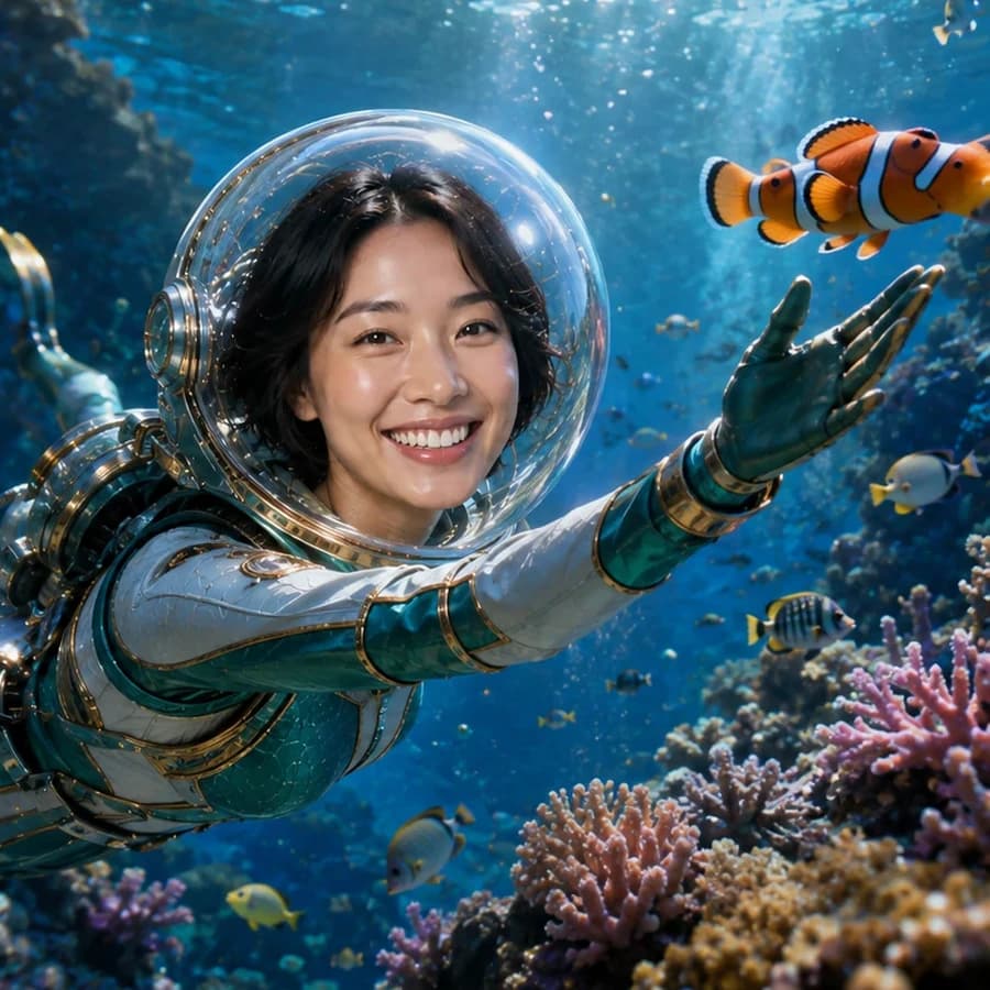 Before and after AI booth transformation preserving the guest's identity in a fantastical underwater environment