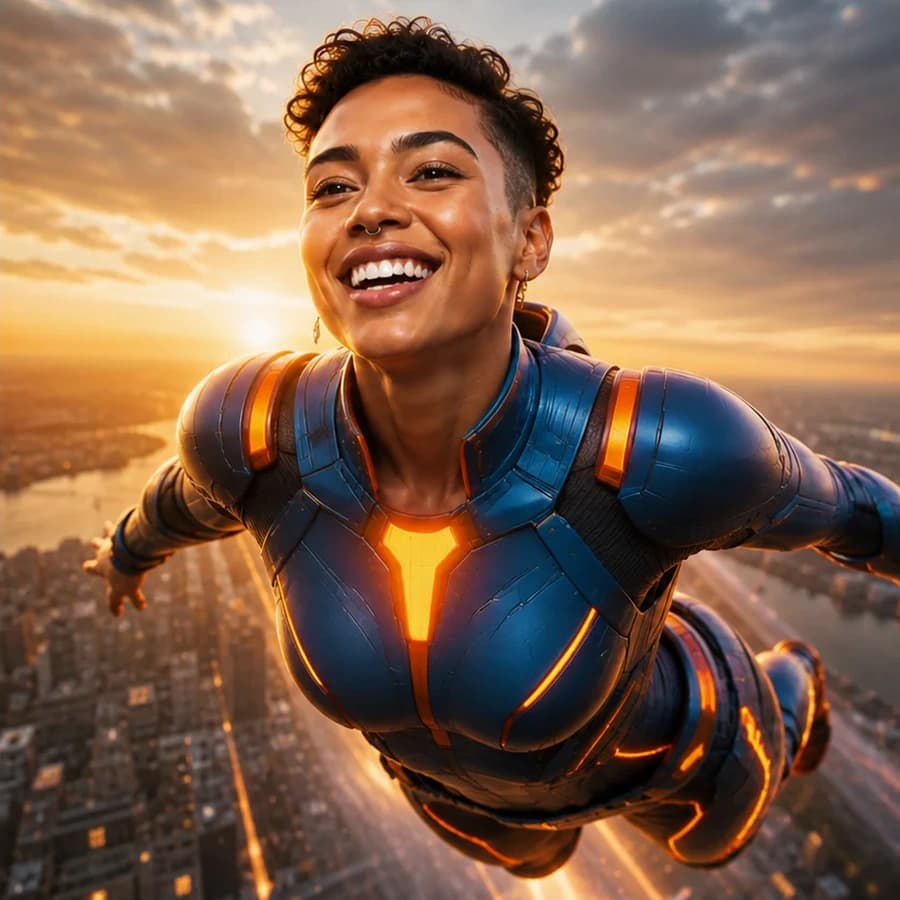 Before and after AI booth transformation preserving the guest's identity as a polished superhero campaign portrait