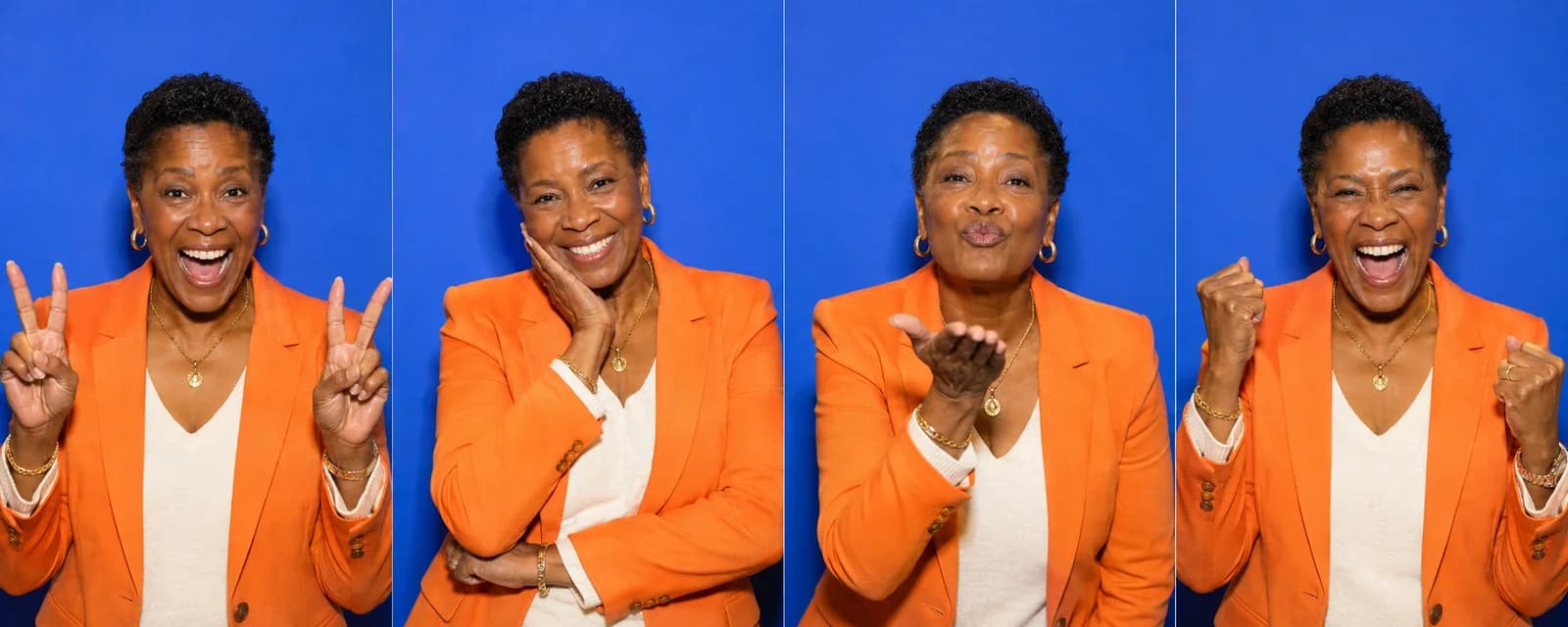 Animated GIF booth loop of a joyful Black woman in her early sixties making four expressive poses against a cobalt backdrop