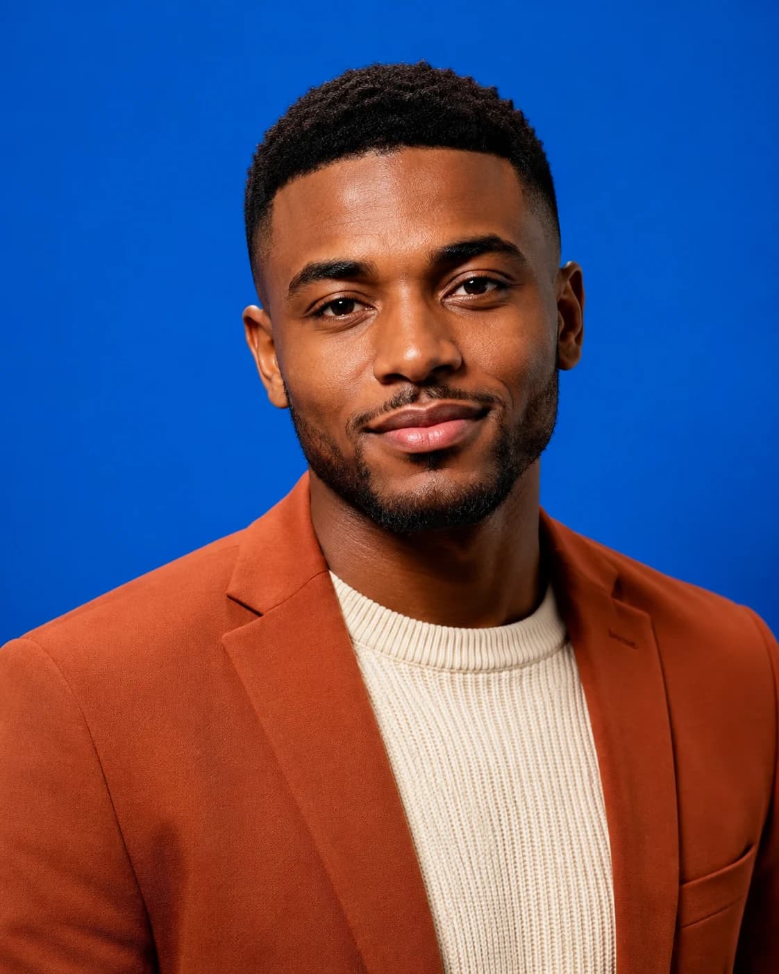 Polished event headshot of a Black male architect in an orange jacket against a bright blue background