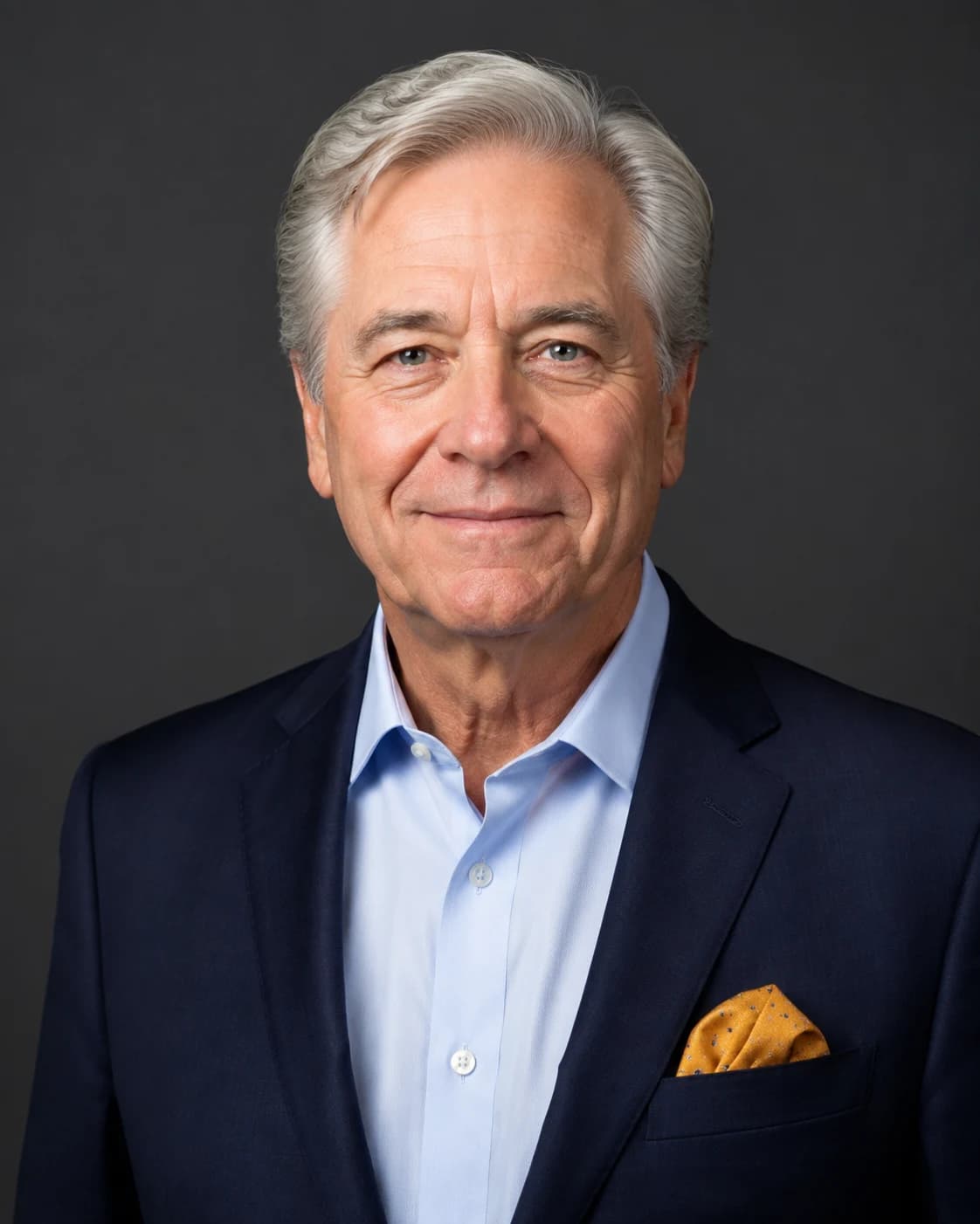 Polished event headshot of a white team leader with natural skin texture and confident posture