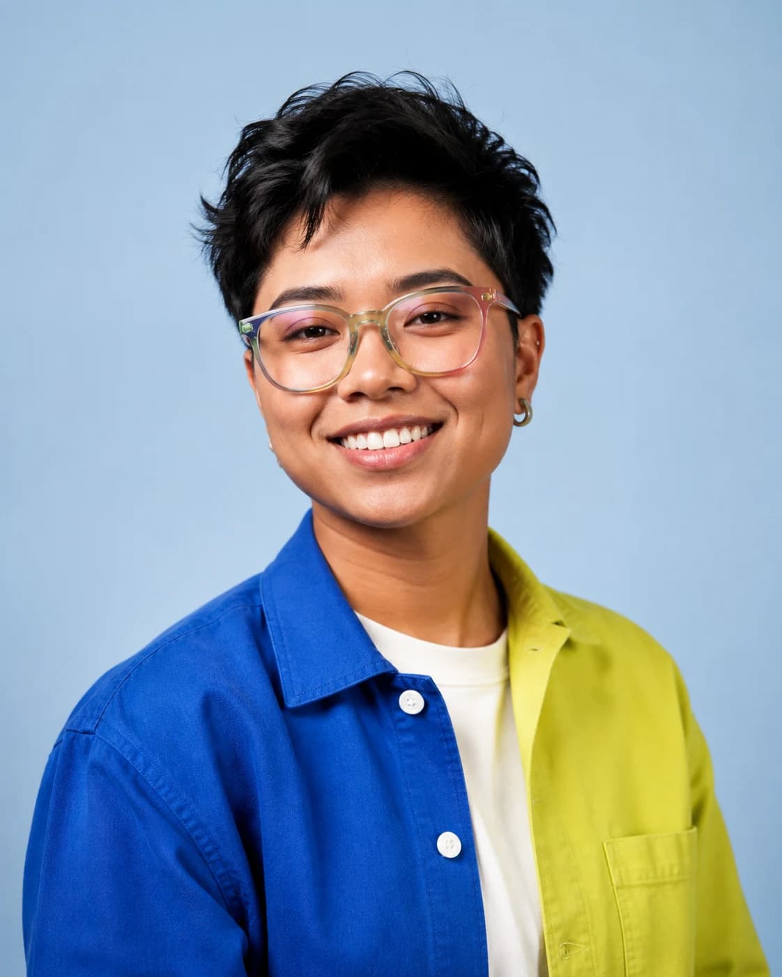 Polished event headshot of a nonbinary designer against a vivid campaign background