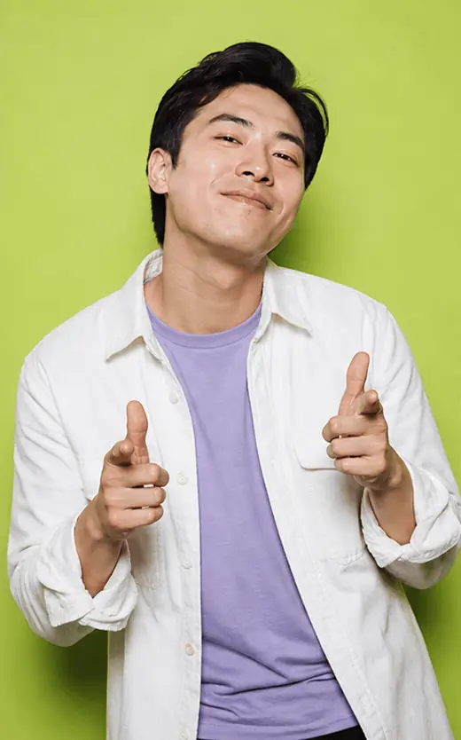 Animated GIF booth loop of an East Asian man making four playful poses against a lime backdrop