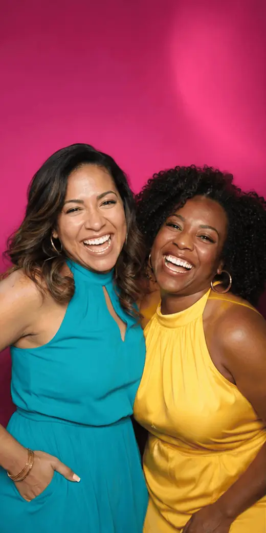 Animated GIF booth loop of Latina and Black best friends making four coordinated poses against a magenta backdrop